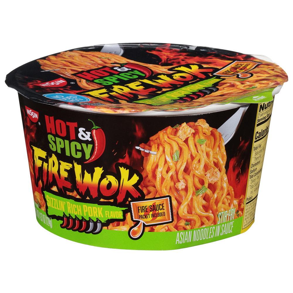 Nissin Fire Wok Noodles, Sizzlin Rich Pork Flavor, Hot & Spicy