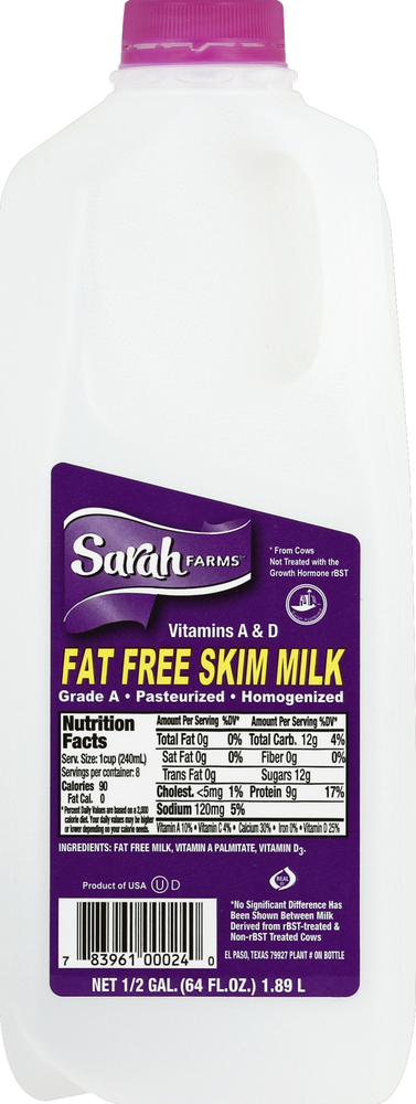 Sarah Farms Milk, Skim, Fat Free
