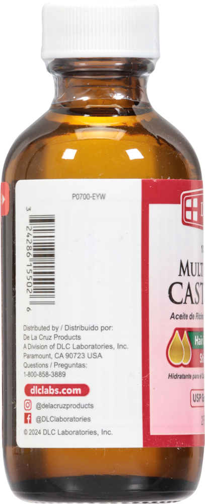 De La Cruz 100% Pure Castor Oil - 2 Fl Oz, USP Grade, Expeller Pressed, USA Bottled (Exp 02/2028)