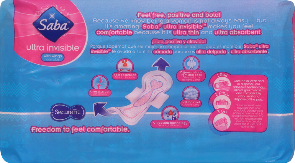 saba Saba Ultra Invisible Pads, Ultra Thin, with Wings, Regular Flow