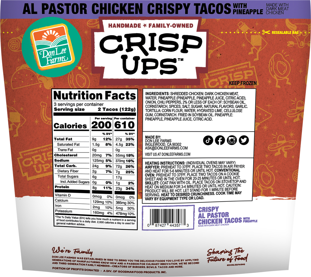 Don Lee Farms Crisp Ups Crispy Tacos, with Pineapple, Al Pastor-Style