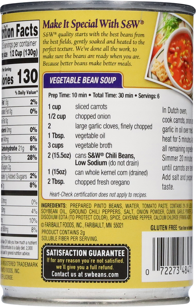 S&W Chili Beans, Pinto, Low Sodium