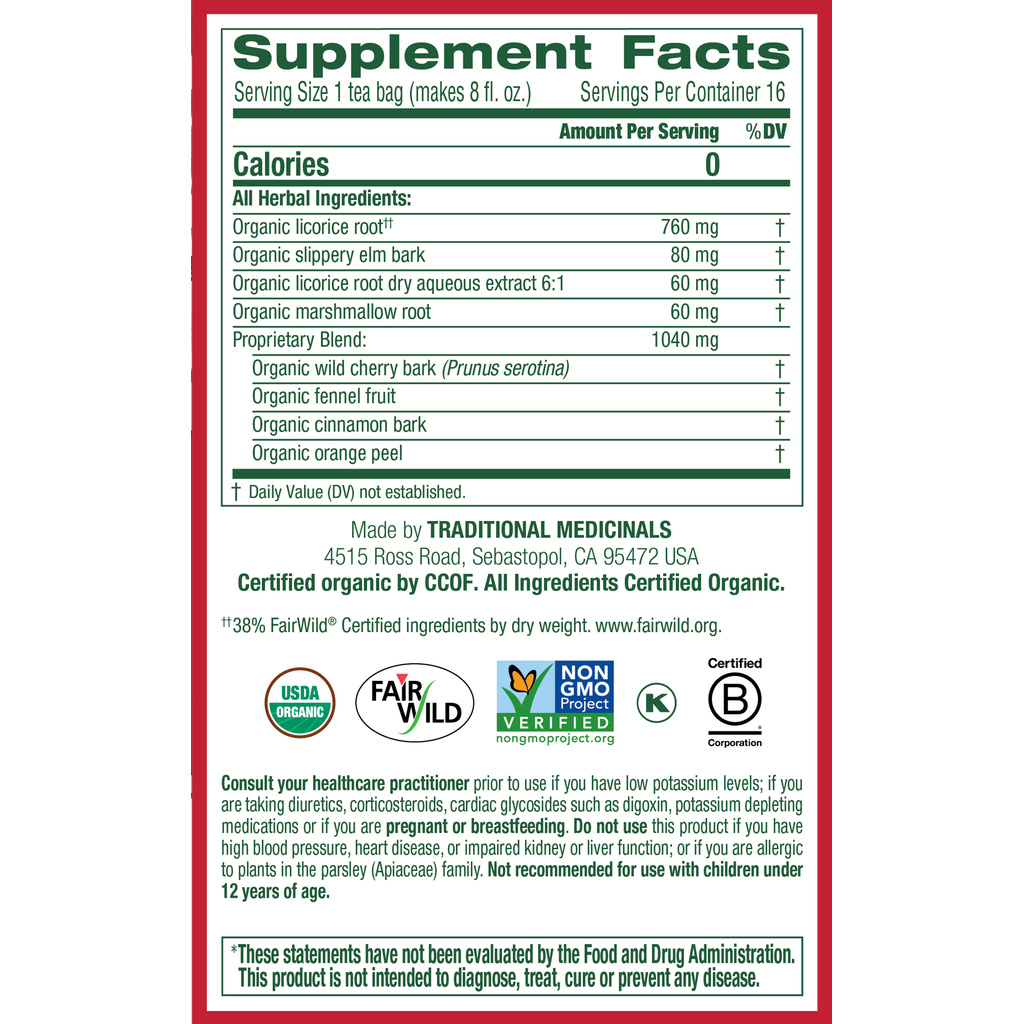 Traditional Medicinals Throat Coat, Organic, Original with Slippery Elm, Caffeine Free, Tea Bags-Ingredients