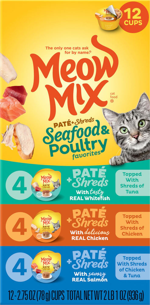 Meow Mix Cat Food, Pate + Shreds, Seafood & Poultry Favorites