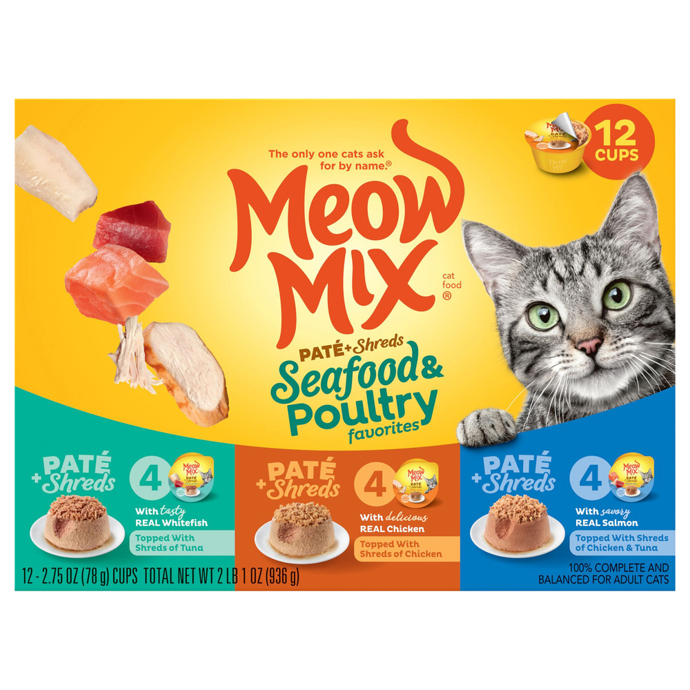 Meow Mix Cat Food, Pate + Shreds, Seafood & Poultry Favorites