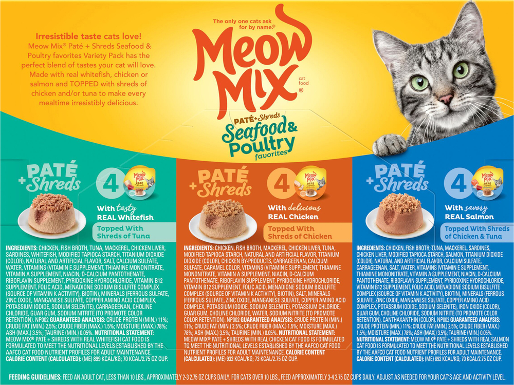 Meow Mix Cat Food, Pate + Shreds, Seafood & Poultry Favorites