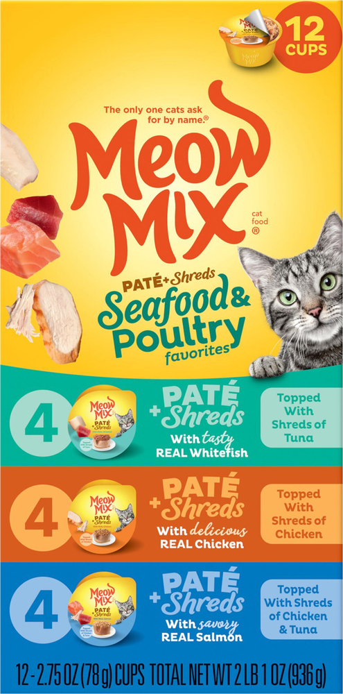 Meow Mix Cat Food, Pate + Shreds, Seafood & Poultry Favorites