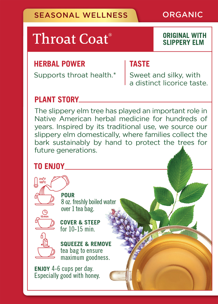 Traditional Medicinals Throat Coat, Organic, Original with Slippery Elm, Caffeine Free, Tea Bags-Planogram-Back