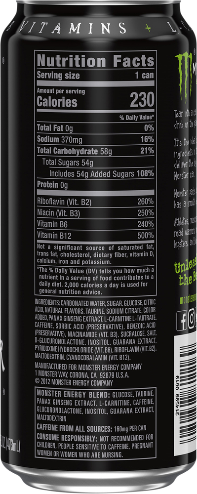 how much l carnitine is in a monster Monster Electric Blue Energy Drink Can, 16 fl oz main image 1