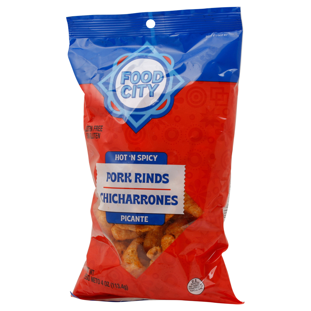 Food City Chicharrones Hot 'n Spicy Pork Rinds-Front-Right-Elevated