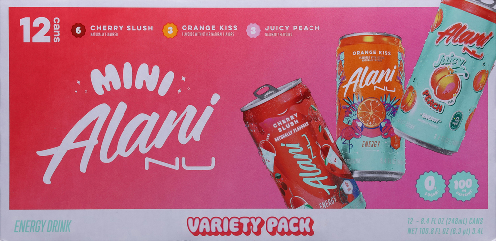 Alani Nu Energy Drink, Cherry Slush/Orange Kiss/Juicy Peach, Mini