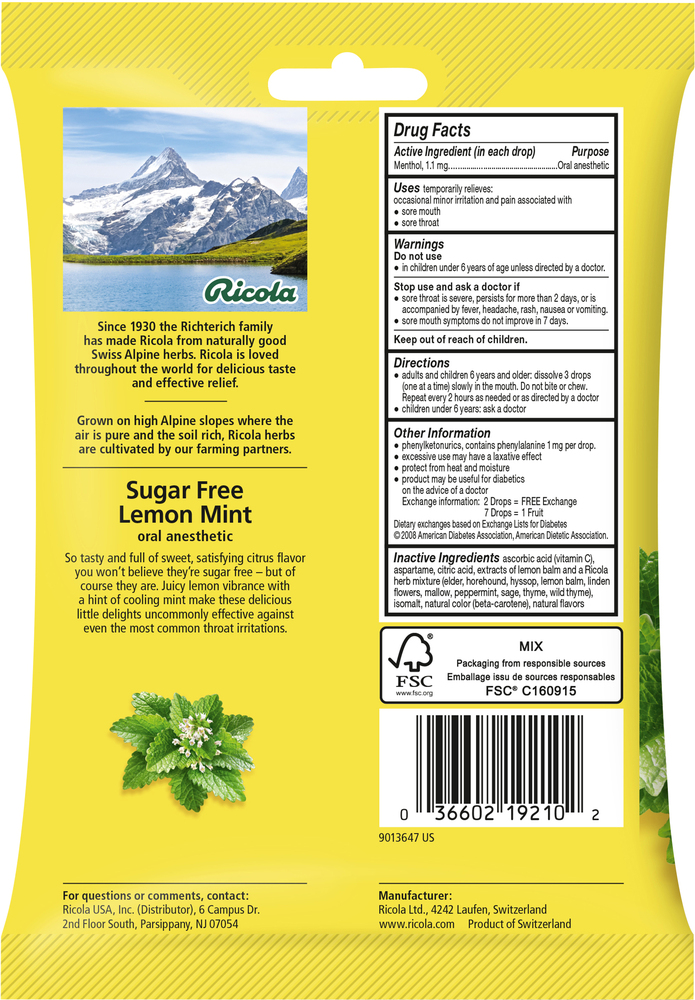 Ricola Cough Drops, Sugar Free, Lemon Mint