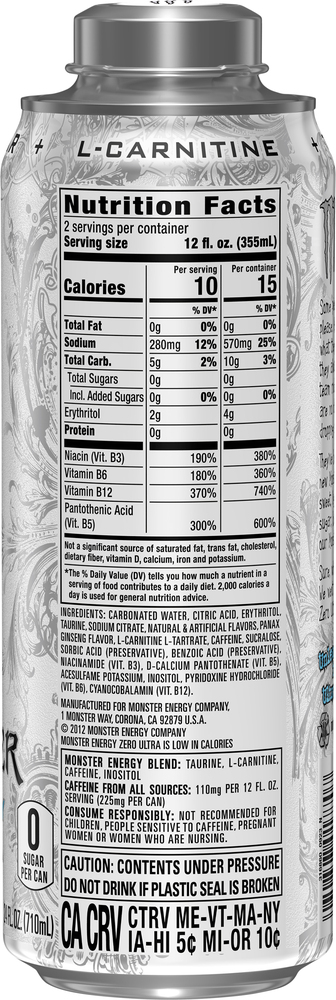 how much l carnitine is in white monster Monster Energy Ultra